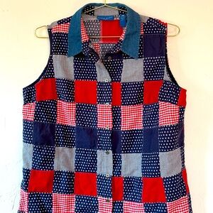 Karen Scott Sport Red, White & Blue Patchwork Denim Sleeveless Button-down Top